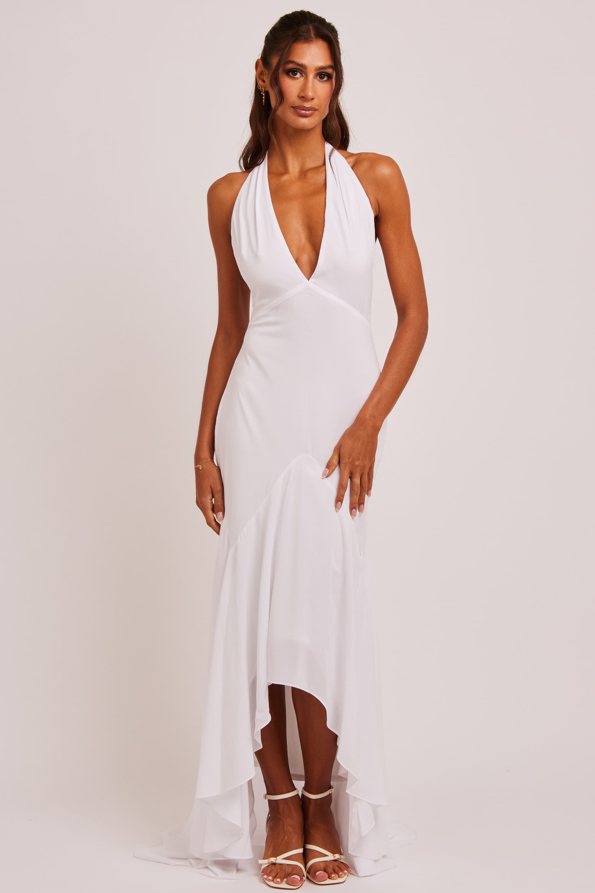 Jaded Rose Jaded Rose Women's Liliana White Plunge Halter Godet Maxi Dress
