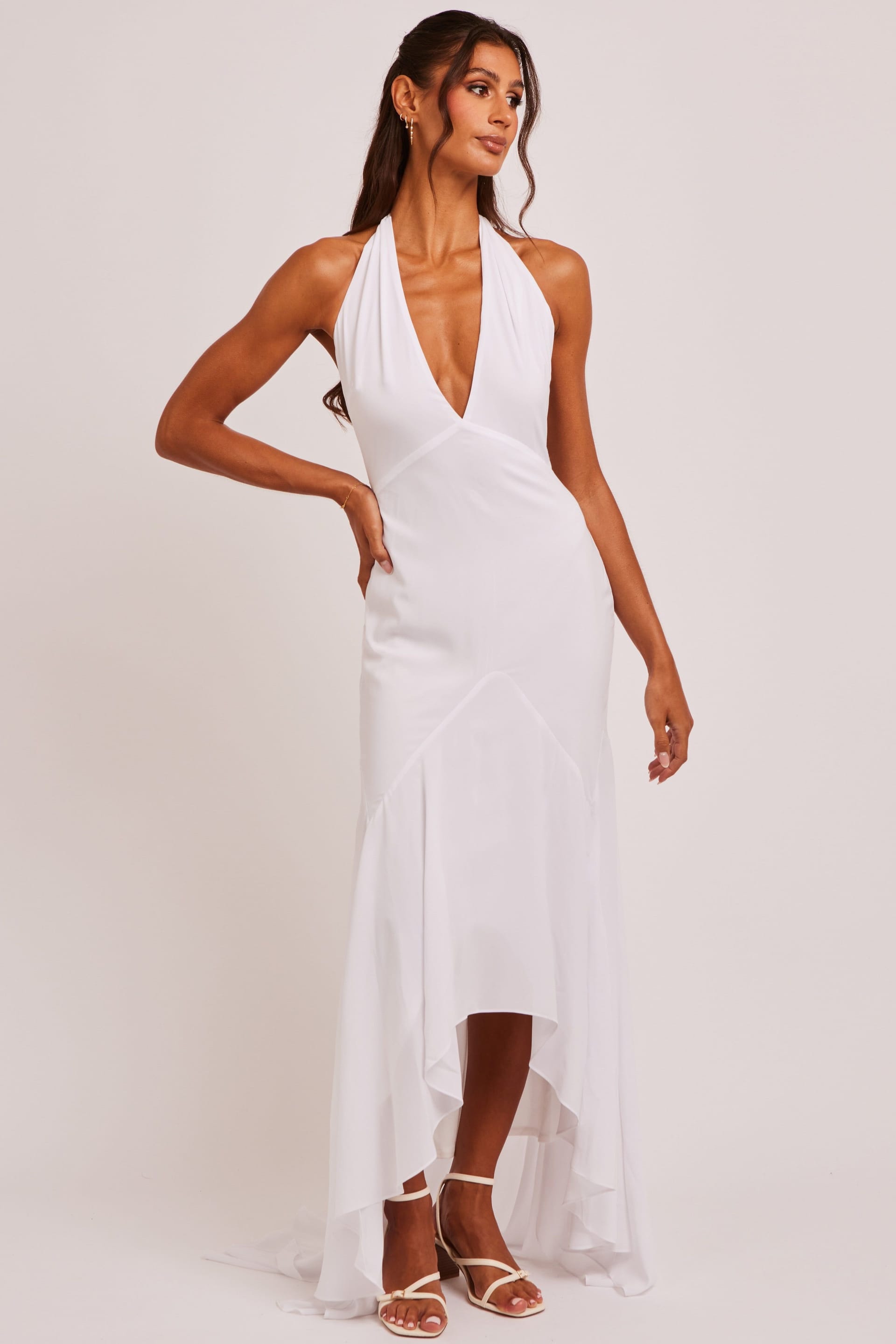 Jaded Rose Jaded Rose Women's Liliana White Plunge Halter Godet Maxi Dress - 4