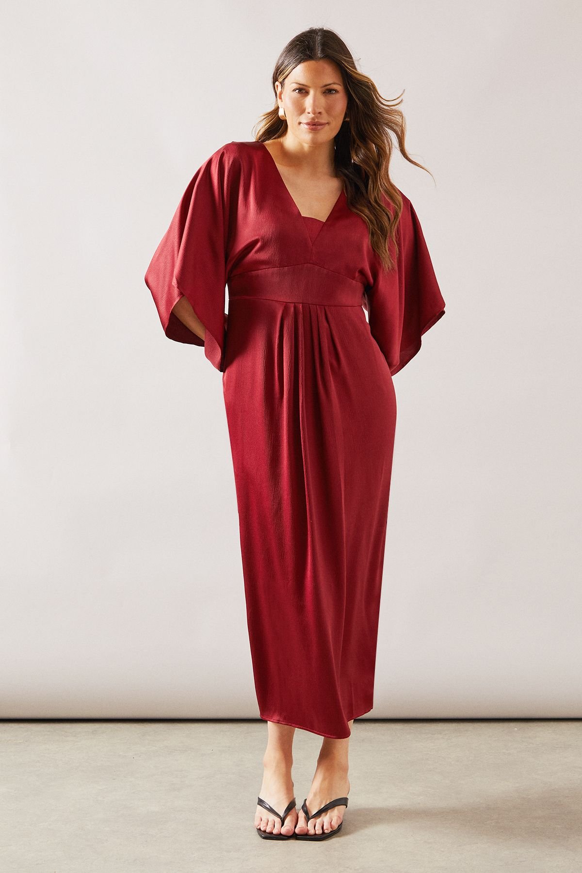 Wallis Wallis Women's Satin Cape Sleeve Midi Dress in Burgundy - 2