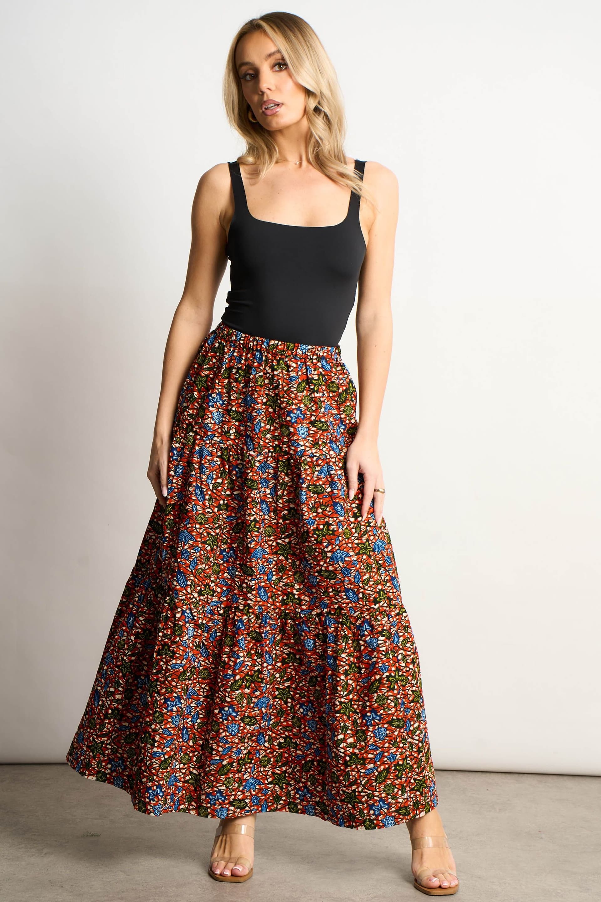 Dals Hart Dals Hart Women's Tiered Maxi Skirt in Burnt Orange Print