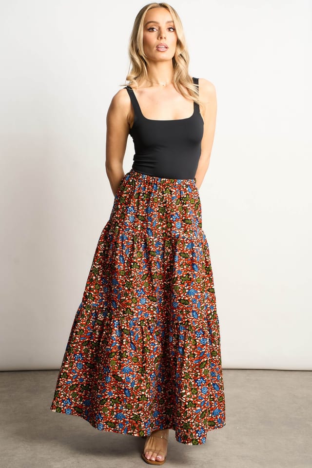 Dals Hart Dals Hart Women's Tiered Maxi Skirt in Burnt Orange Print - 2