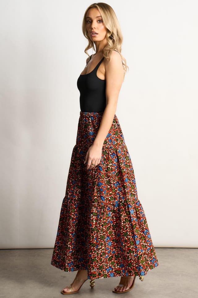 Dals Hart Dals Hart Women's Tiered Maxi Skirt in Burnt Orange Print - 3