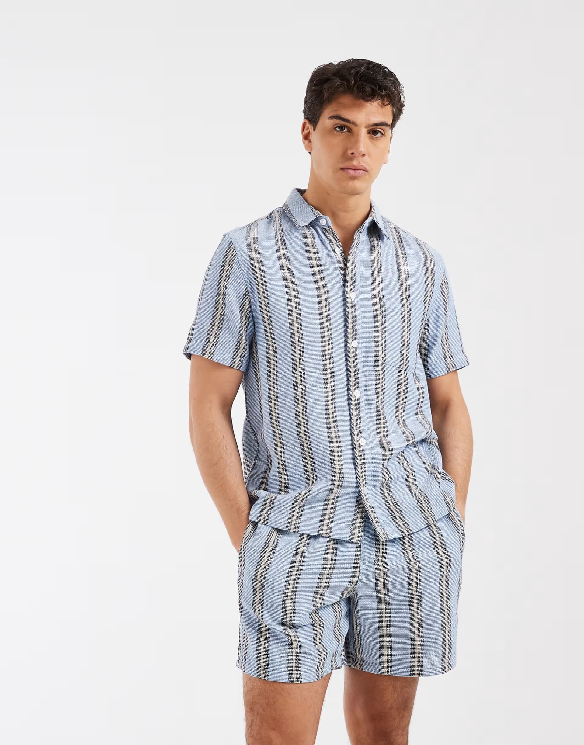 ASOS ASOS DESIGN co-ord regular fit textured stripe shirt in blue