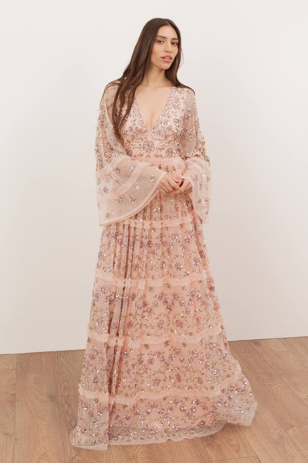 Maya Deluxe Maya Deluxe Women's Embellished Flared Long Sleeve Maxi Dress in Nude - 3