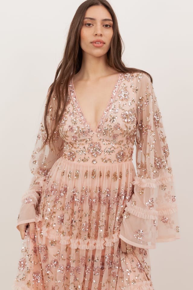 Maya Deluxe Maya Deluxe Women's Embellished Flared Long Sleeve Maxi Dress in Nude - 3