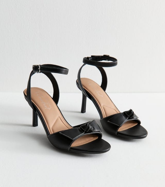 New Look Women's Black Faux Leather Contrast Stitch Bow Strap Sandals New Look - 2