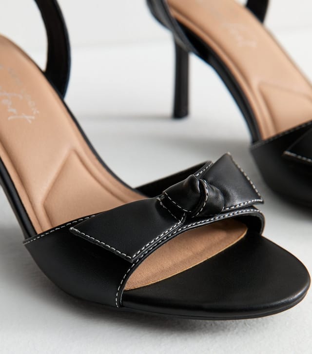 New Look Women's Black Faux Leather Contrast Stitch Bow Strap Sandals New Look - 3