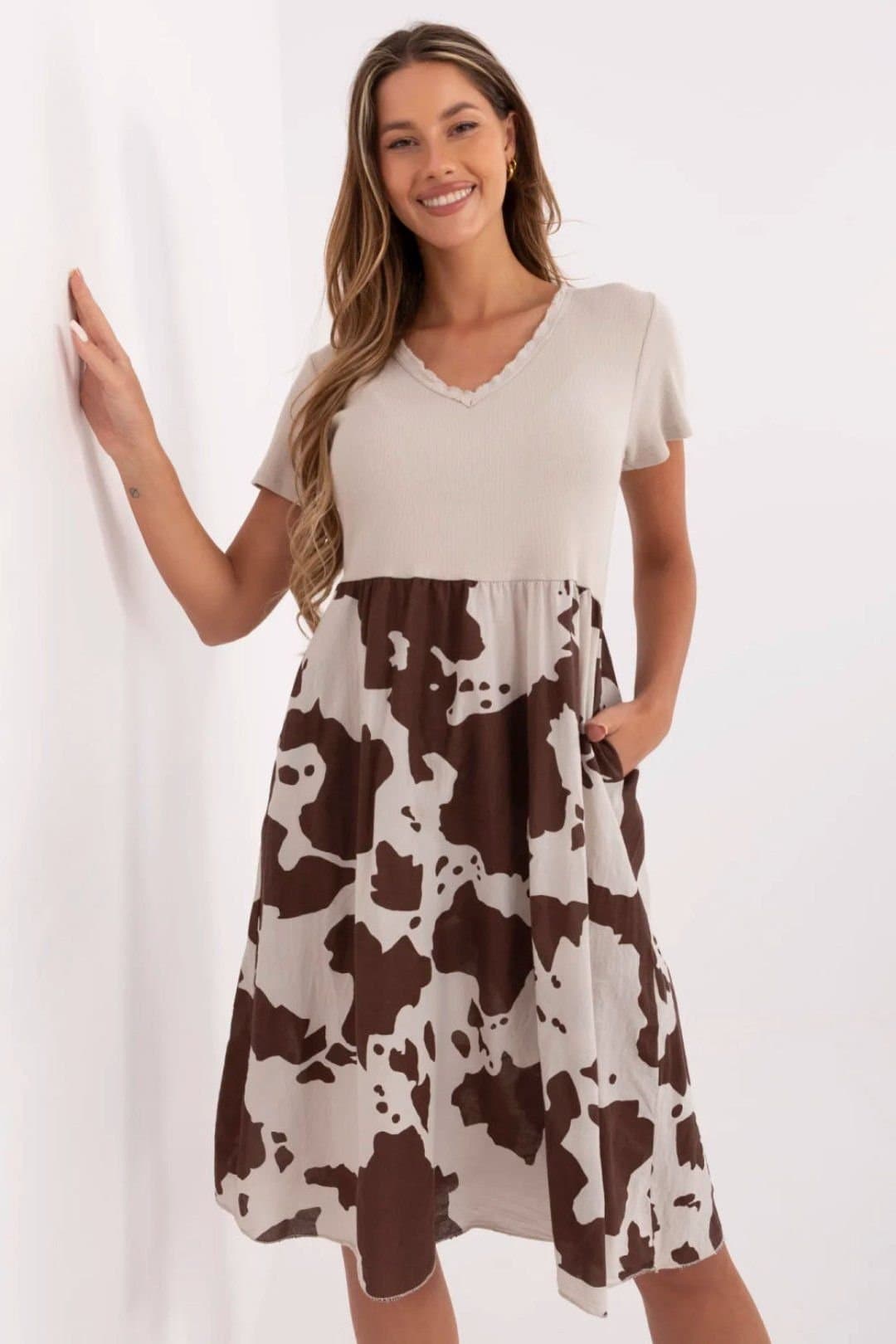 Love Lace Love Lace Women's Cotton Elastane Flared Dress with Animal Motif in Beige
