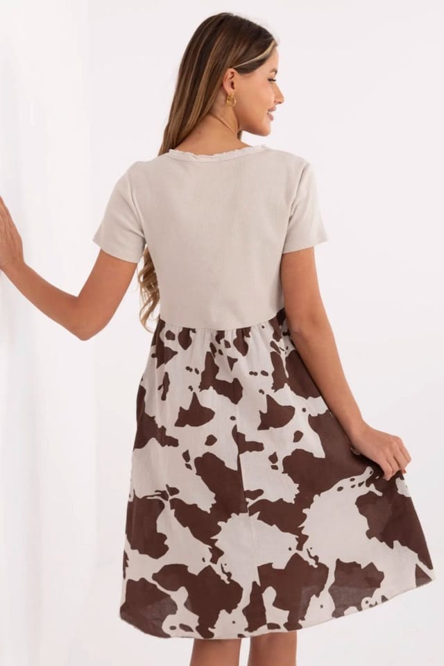 Love Lace Love Lace Women's Cotton Elastane Flared Dress with Animal Motif in Beige - 3