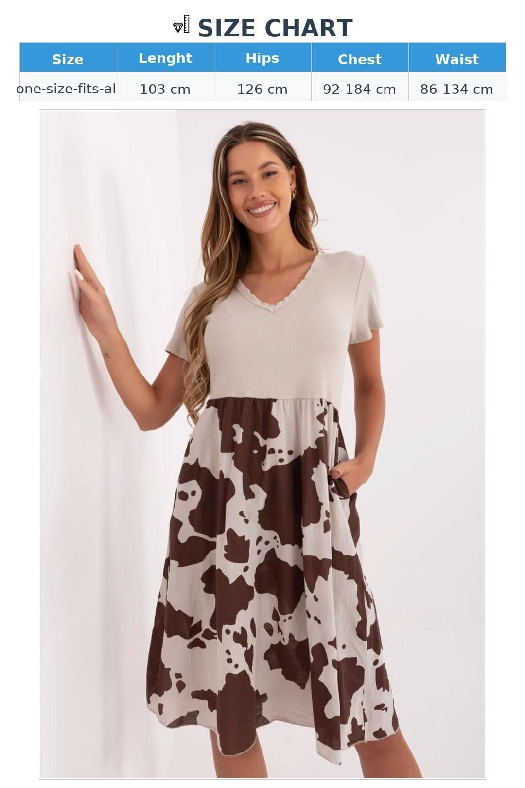 Love Lace Love Lace Women's Cotton Elastane Flared Dress with Animal Motif in Beige - 4