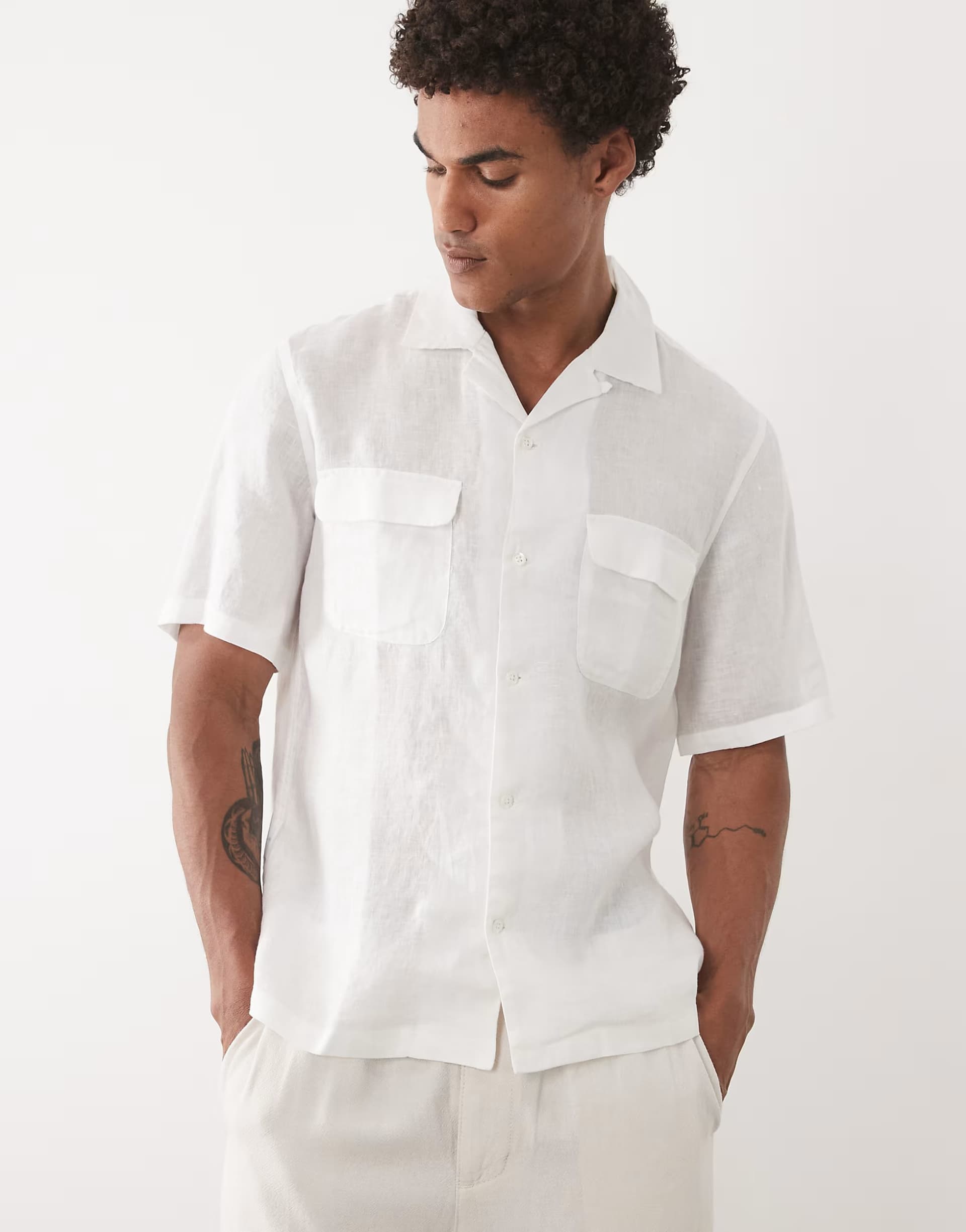 ASOS Mango 100% linen short sleeve shirt with front pockets in white