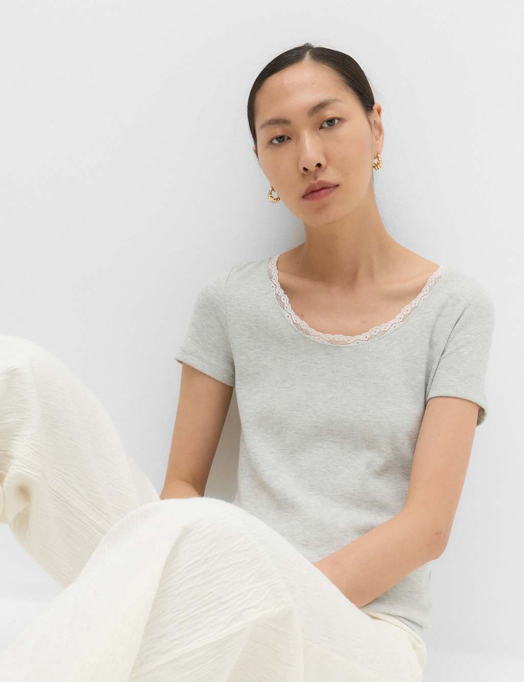 Marks & Spencer M&S Ribbed Lace Scoop Neck Short Sleeve Top Grey Marl