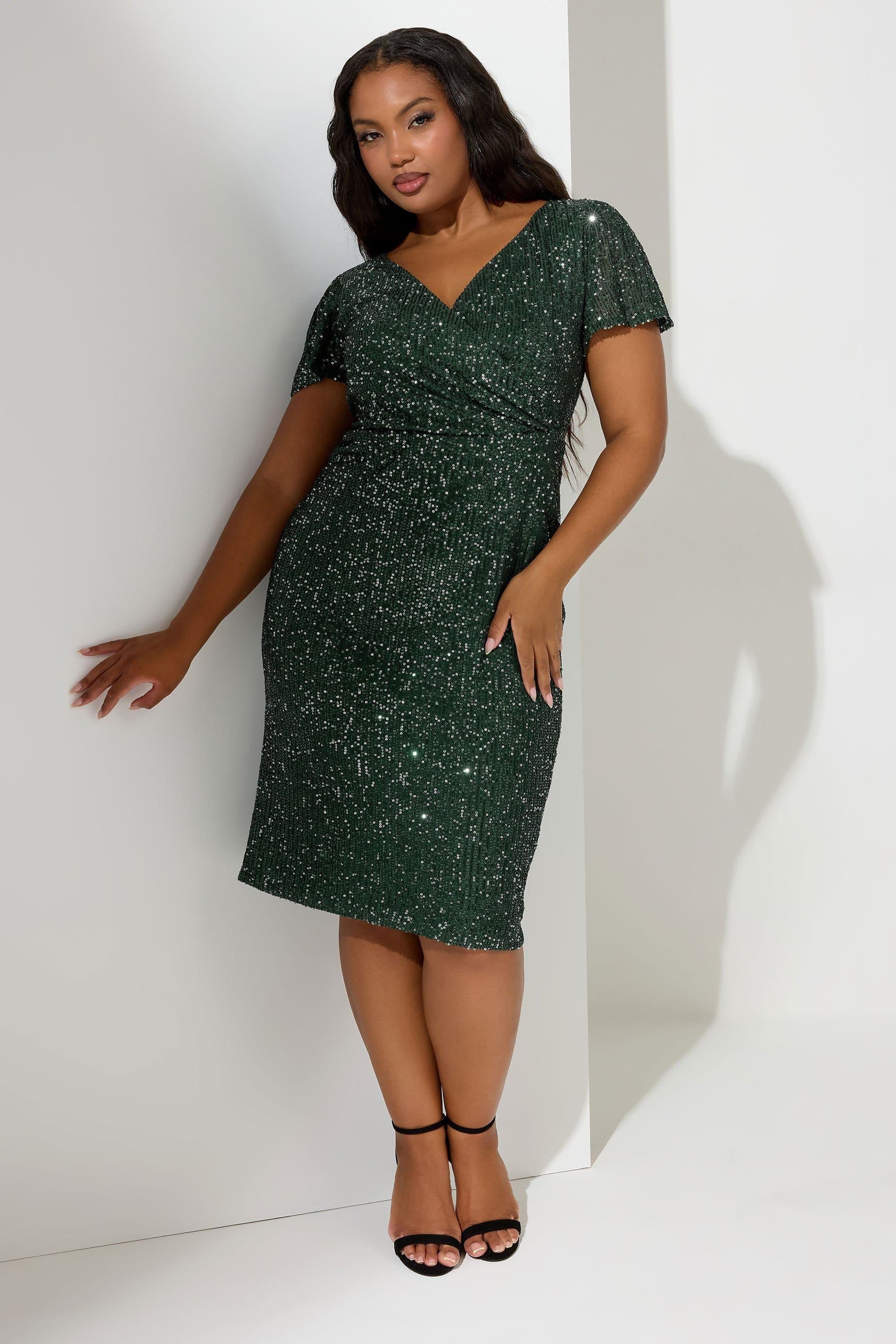 Yours Yours Women's Sequin Embellished Wrap Dress in Green