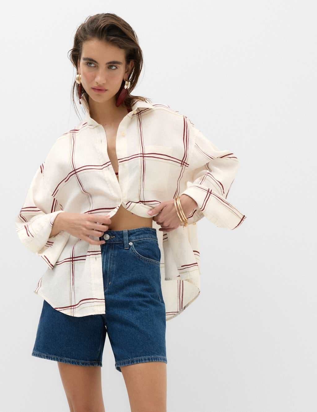 Marks & Spencer M&S Pure Linen Checked Shirt Ivory Mix