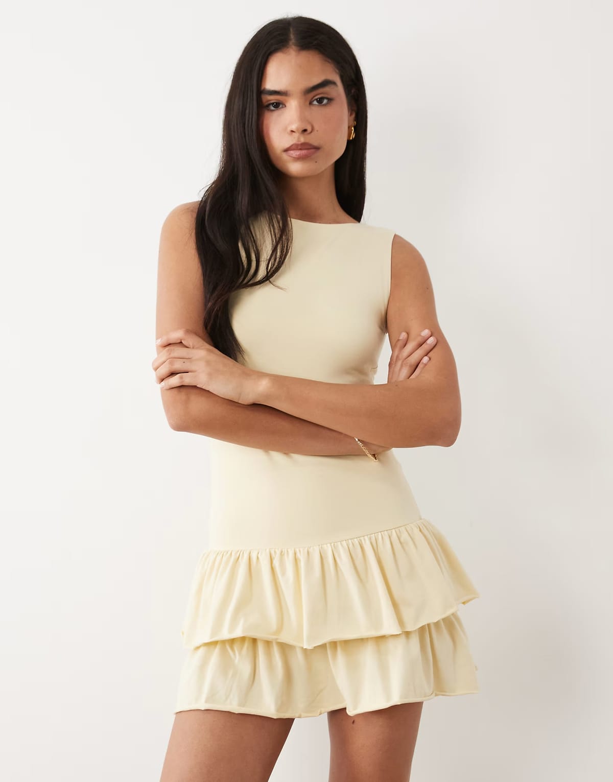 ASOS Fashionkilla exclusive cotton rich sleeveless drop waist ruffle hem mini dress in lemon - 1