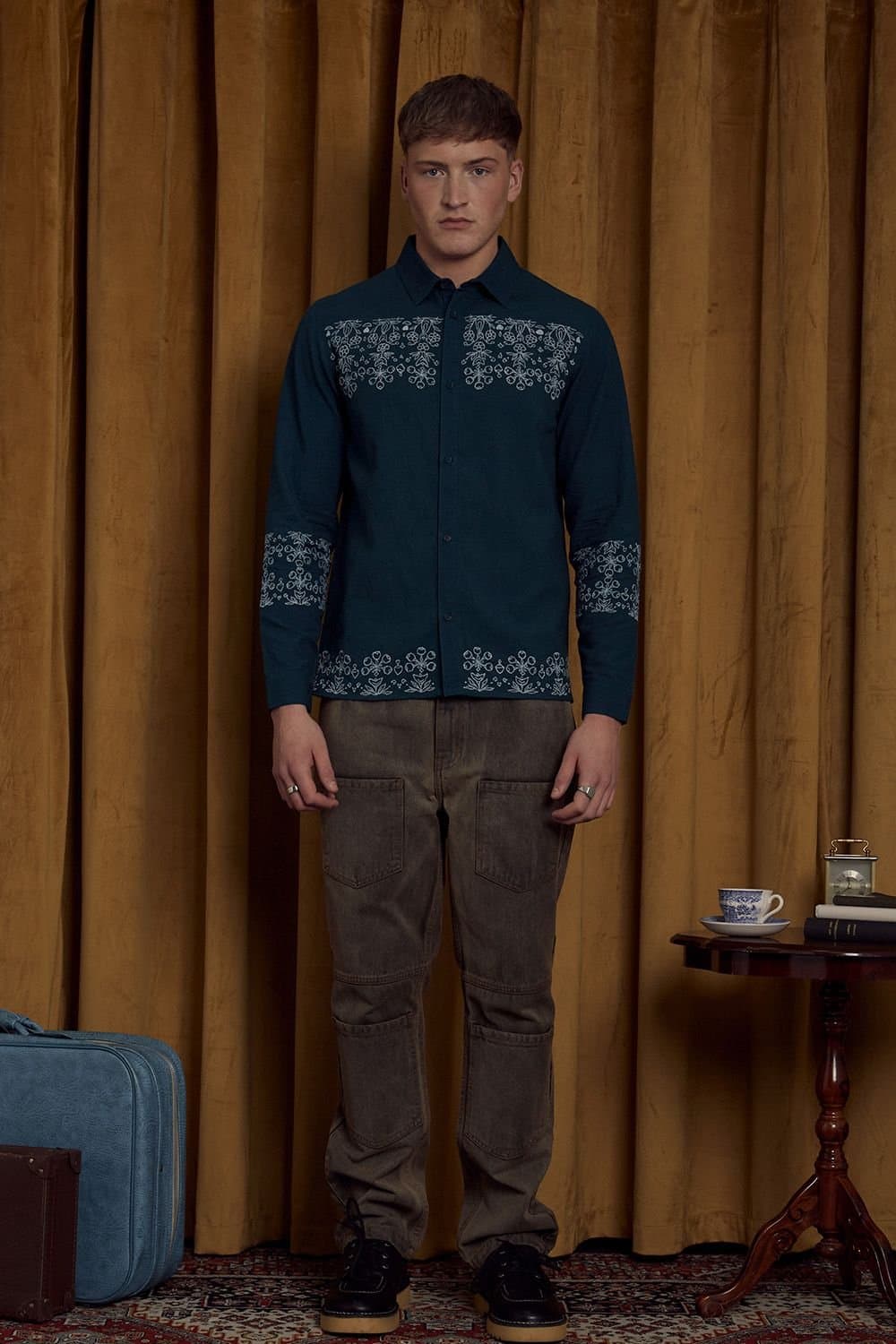 Native Youth Native Youth Men's Cotton Linen Long Sleeve Embroidery Shirt in Green