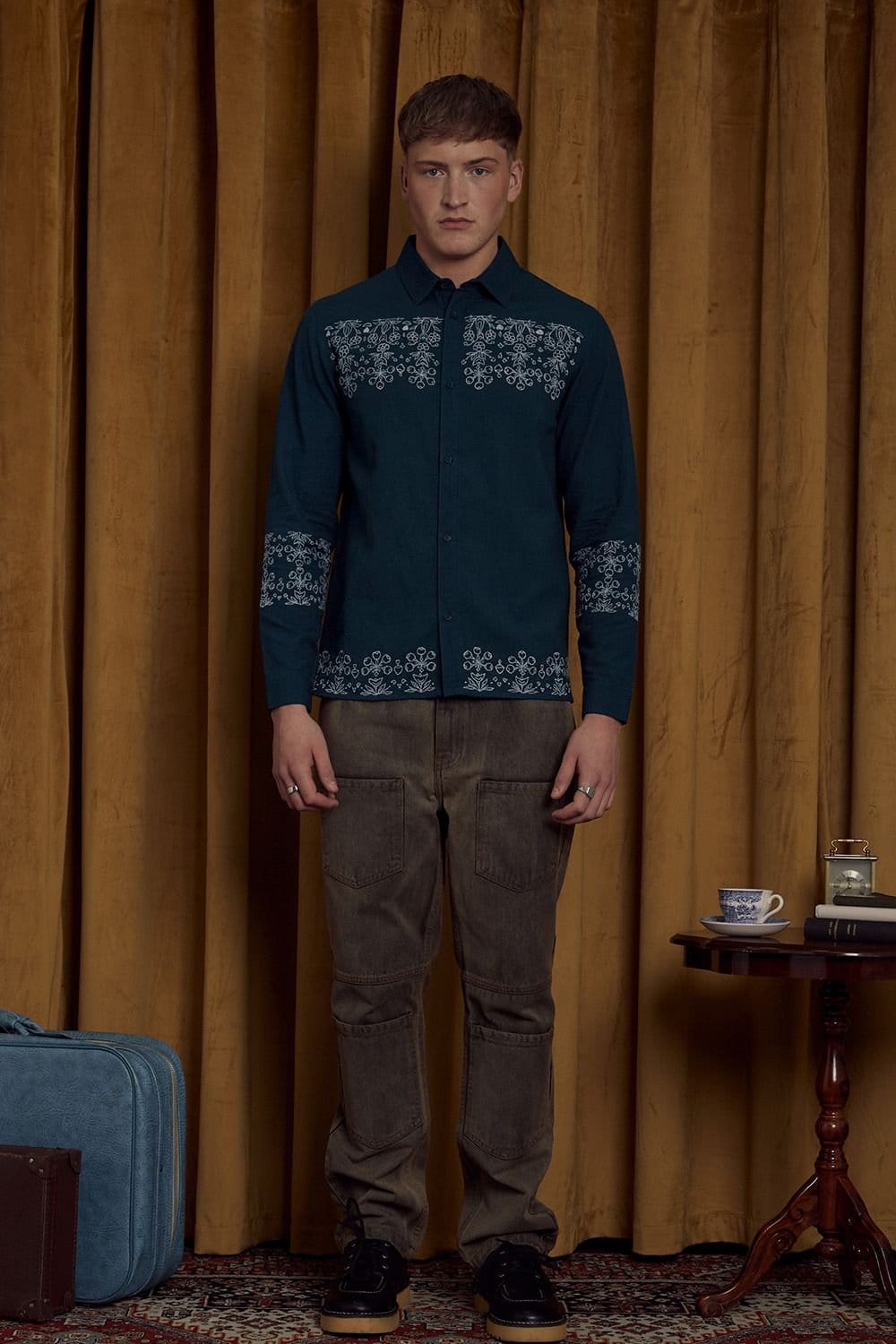 Native Youth Green Cotton-Linen Embroidered Shirt