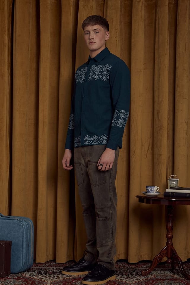 Native Youth Native Youth Men's Cotton Linen Long Sleeve Embroidery Shirt in Green - 2