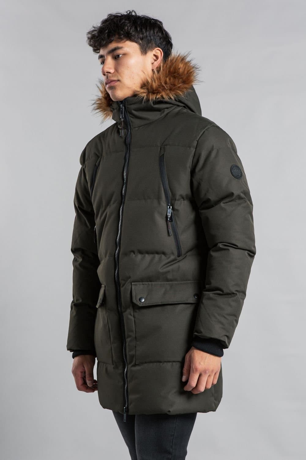 Tokyo Laundry Tokyo Laundry Men's Padded Longline Coat with Faux Fur Hood in Khaki