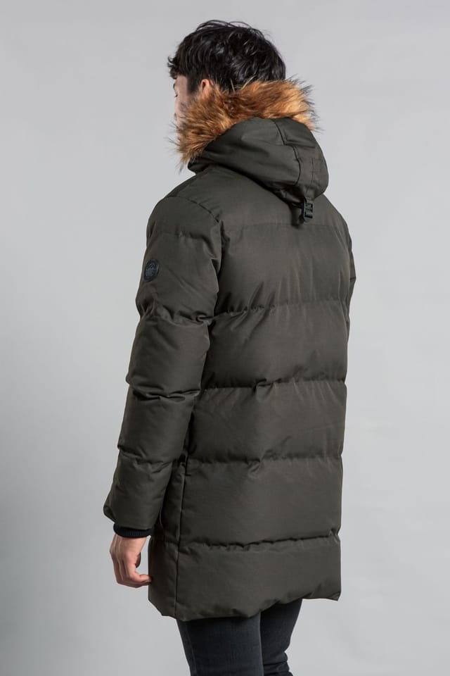 Tokyo Laundry Tokyo Laundry Men's Padded Longline Coat with Faux Fur Hood in Khaki - 2