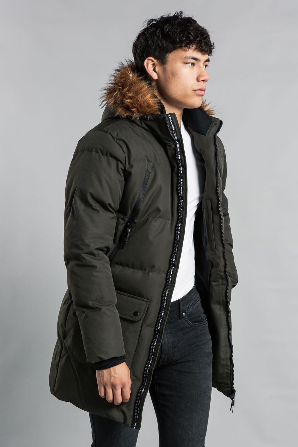 Tokyo Laundry Tokyo Laundry Men's Padded Longline Coat with Faux Fur Hood in Khaki - 4
