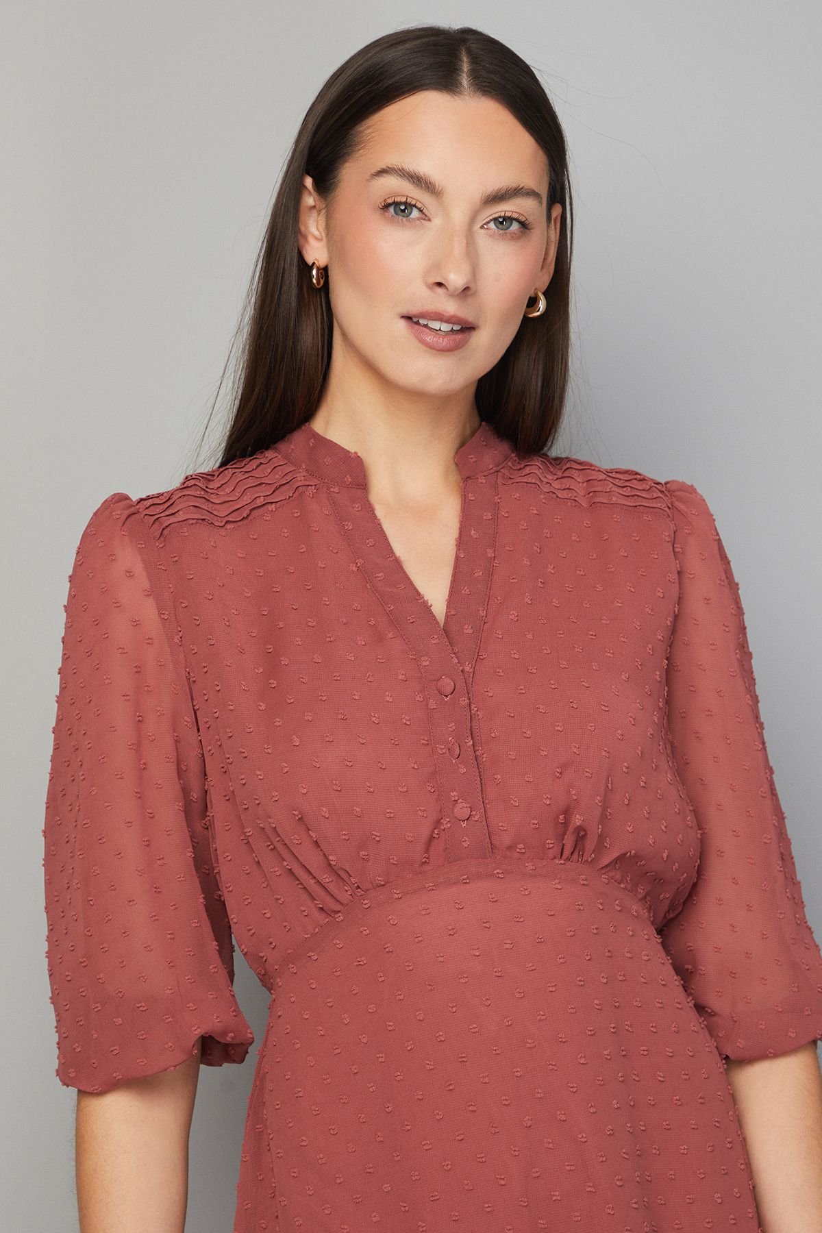 Wallis Wallis Women's Dobby Pleat Detail Button Midi Dress in Rose - 4