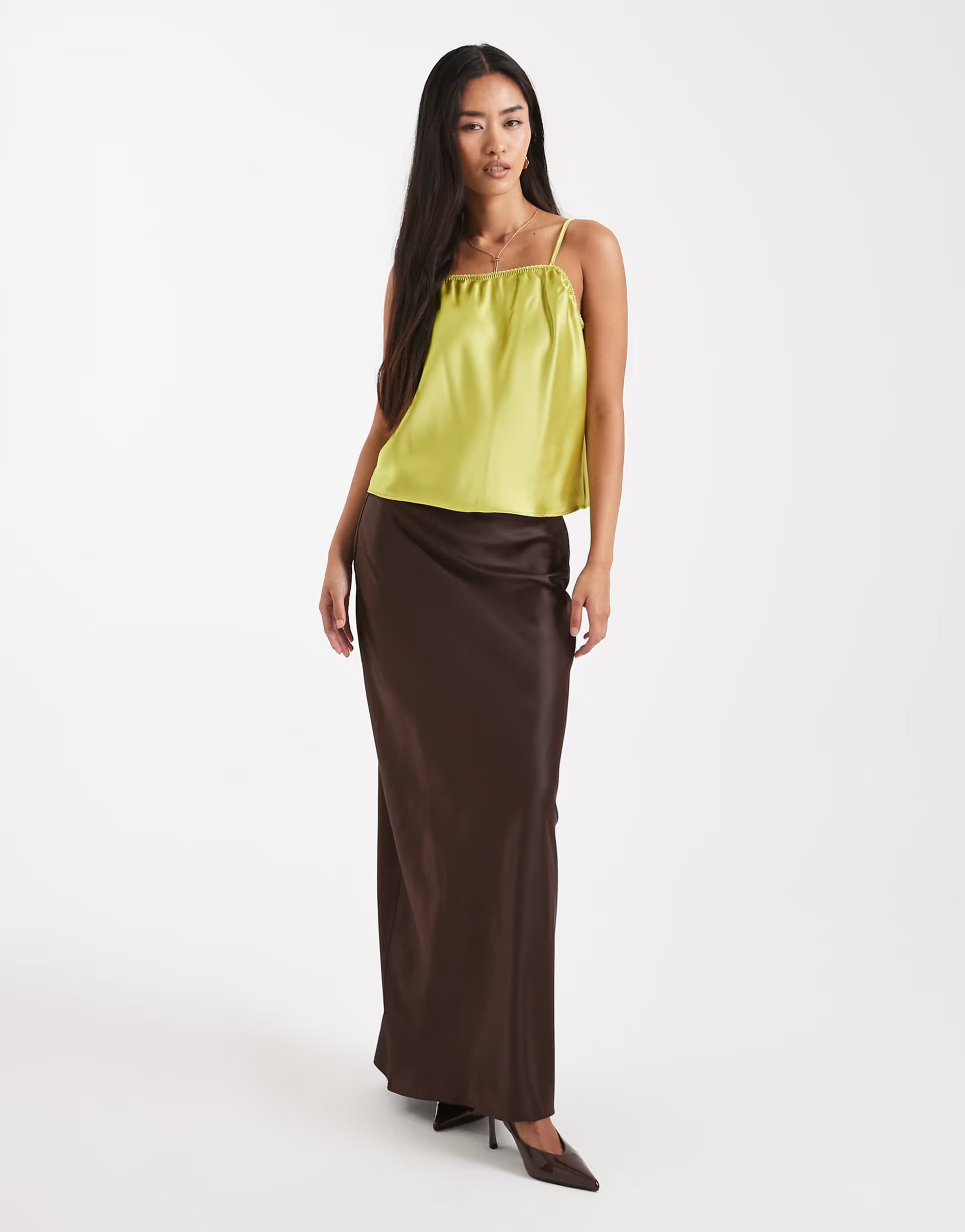ASOS 4th & Reckless satin column maxi skirt in chocolate