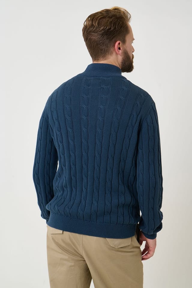 Saltwell Saltwell Men's Cable Knit Quarter Zip Jumper in Navy - 2
