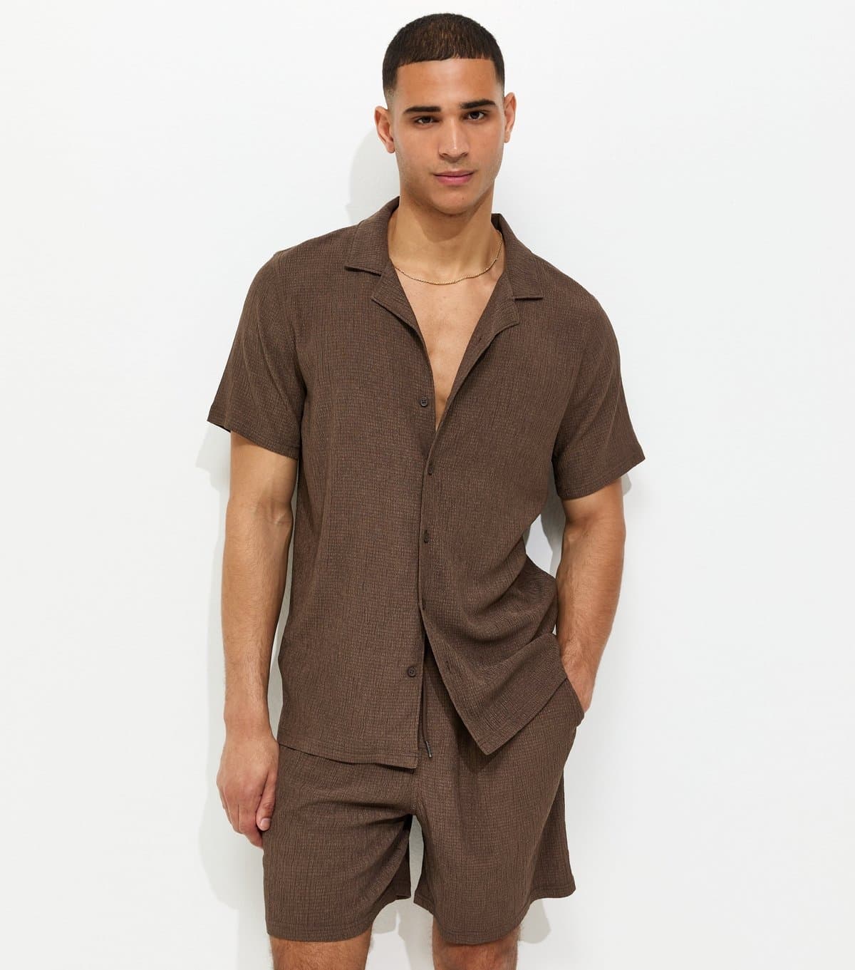 New Look Men's Dark Brown Regular Textured Drawstring Shorts New Look