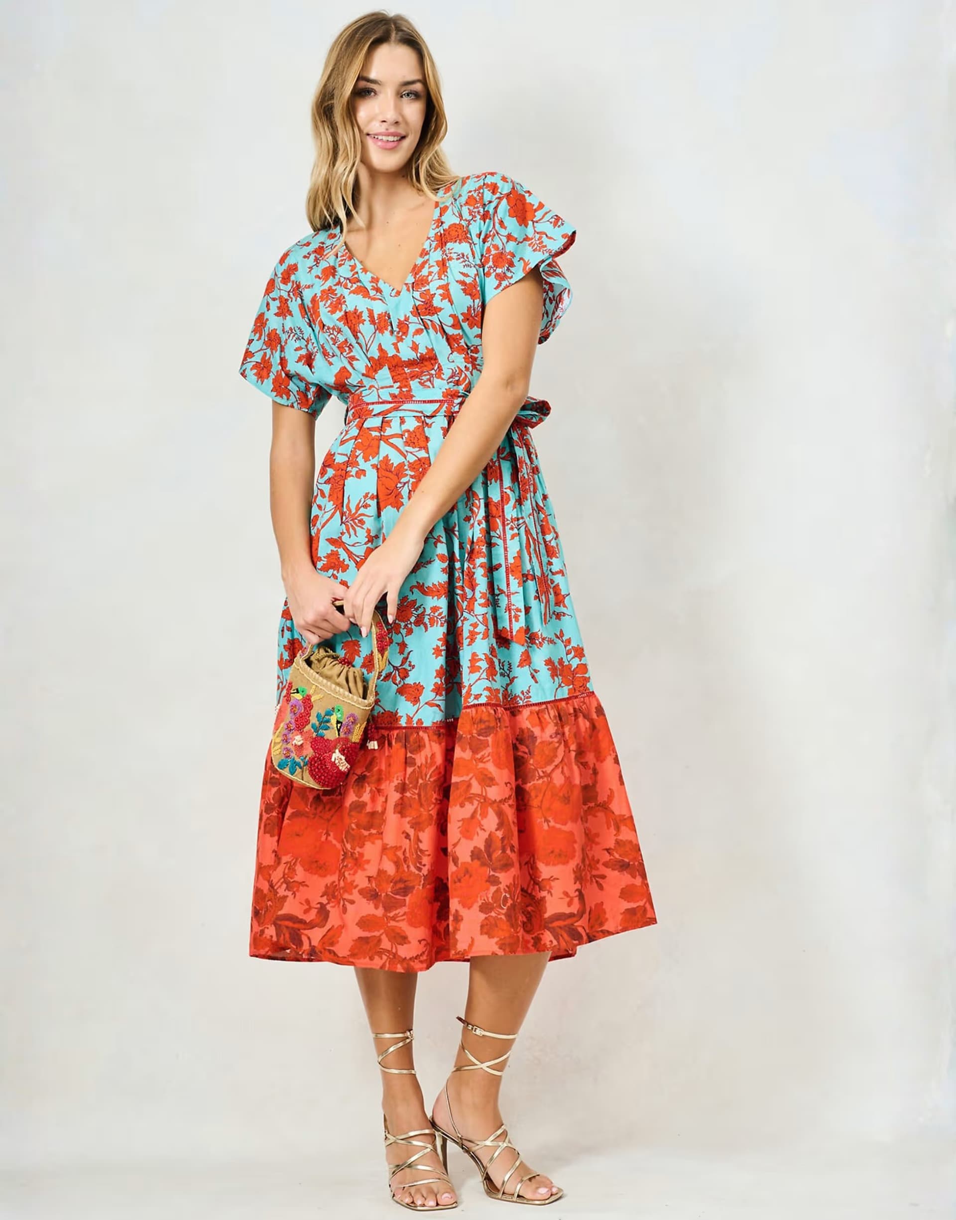 ASOS Hope & Ivy The marium mixed print v-neck midi dress with tie waist in teal and red