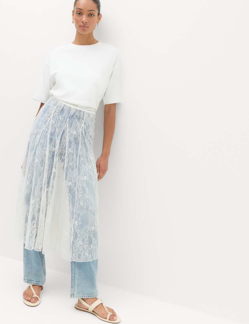 Marks & Spencer M&S Cotton Blend Lace Midi Circle Skirt Ivory