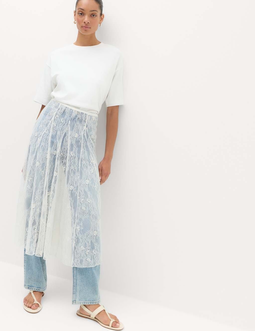 M&S Ivory Cotton Blend Lace Midi Circle Skirt