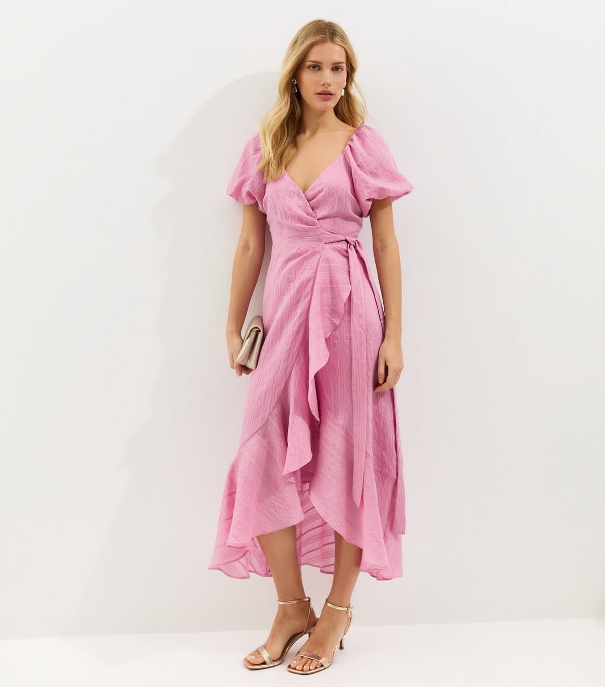 New Look Women's Pink Textured Ruffle Trimmed Wrap Midi Dress New Look