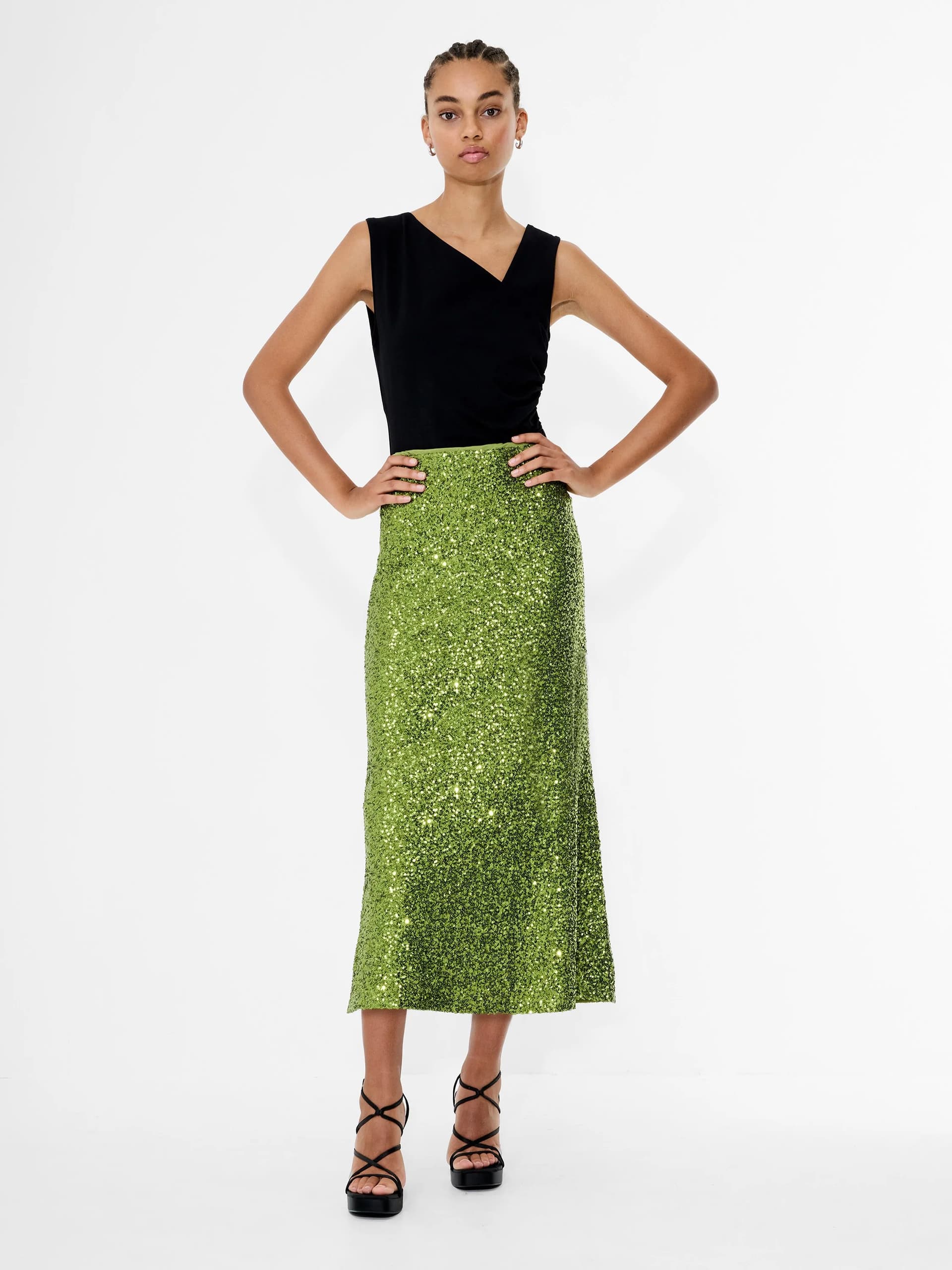 French Connection Elena Sequin Midi Skirt Winter Olive Green