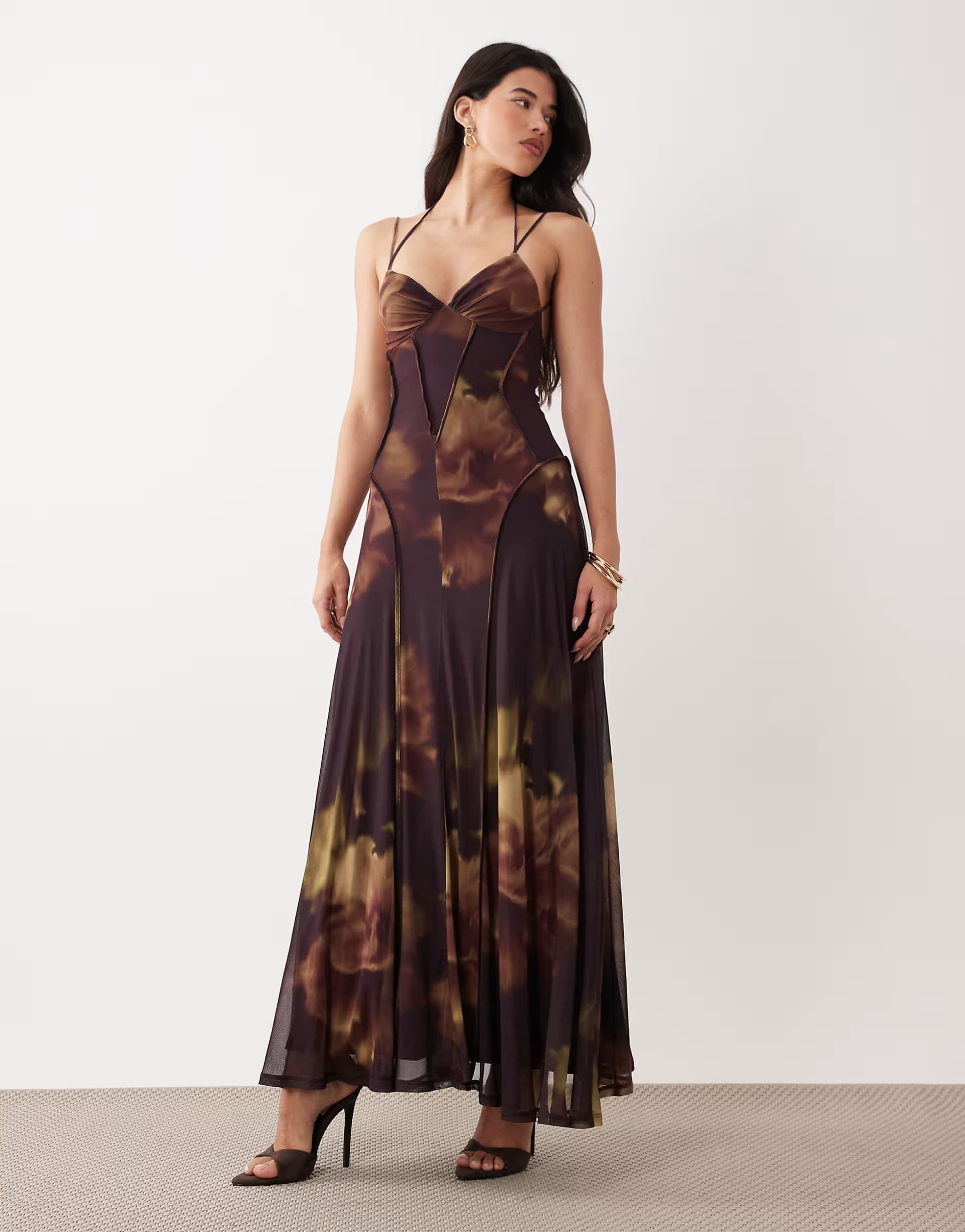 ASOS ASOS DESIGN printed mesh maxi dress with exposed seam detail in dark floral print