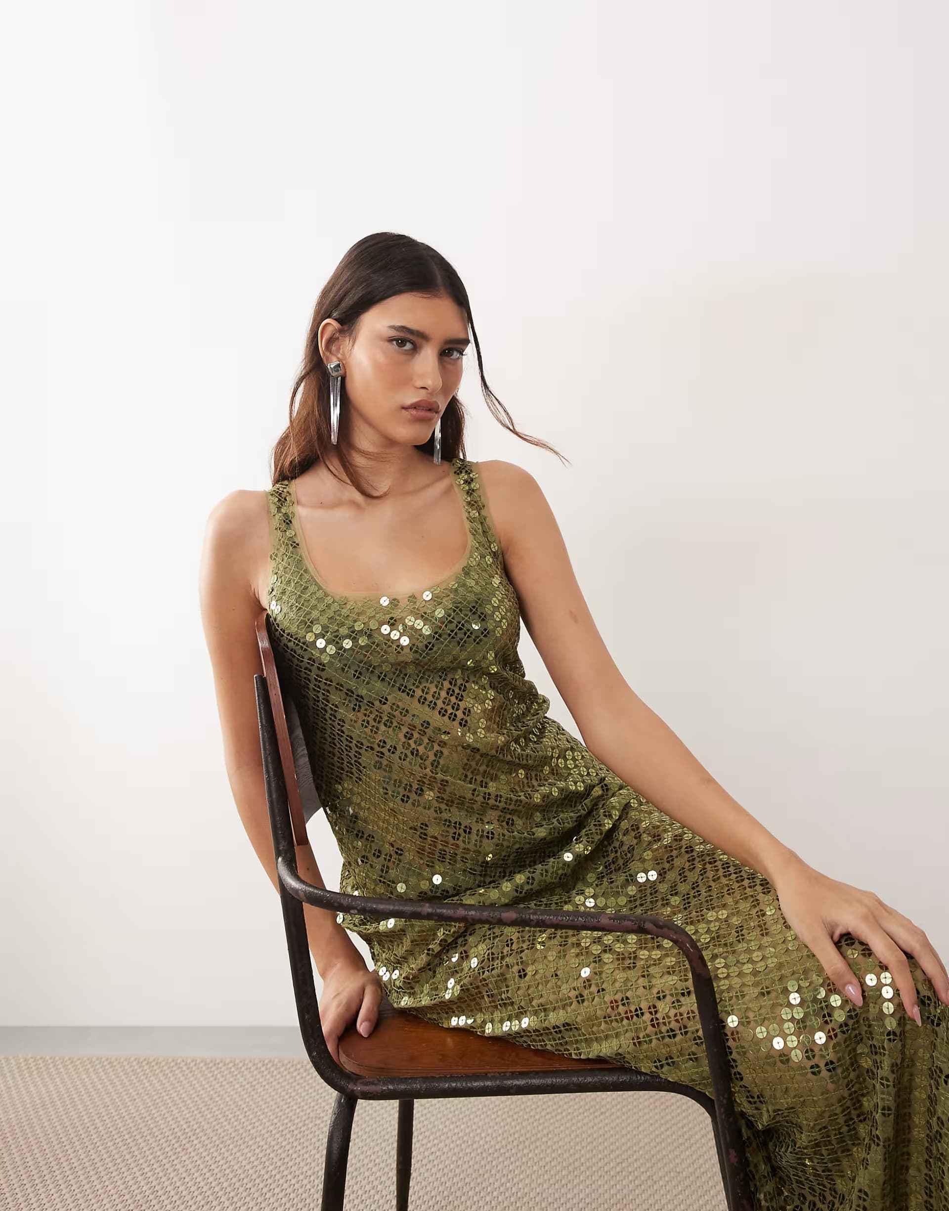 ASOS ARRANGE sheer disc sequin maxi vest dress in olive green