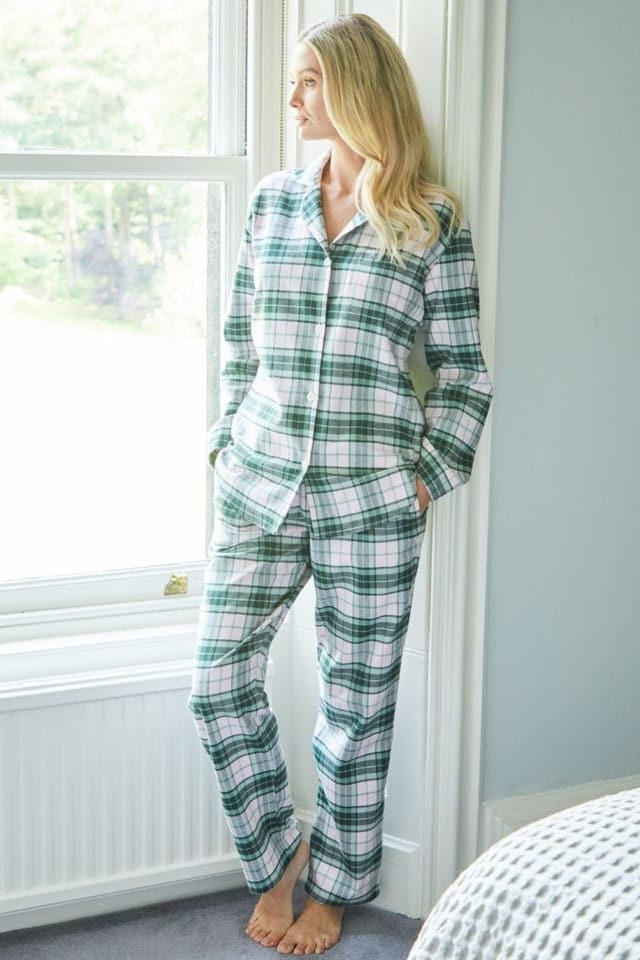 British Boxers British Boxers Women's "Burnet Rose" Tartan Brushed Cotton Pyjama Set in Green - 3