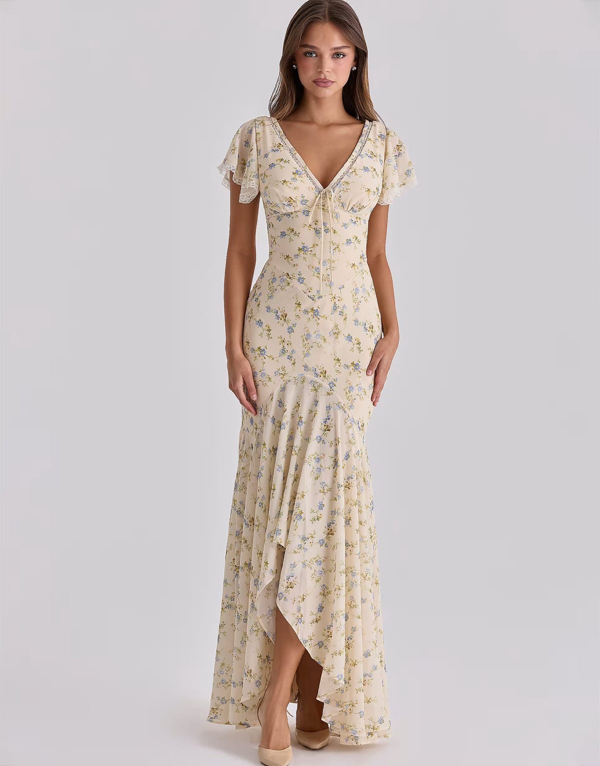 ASOS House of CB Amina lemon floral print georgette maxi tea dress in lemon floral print - 1