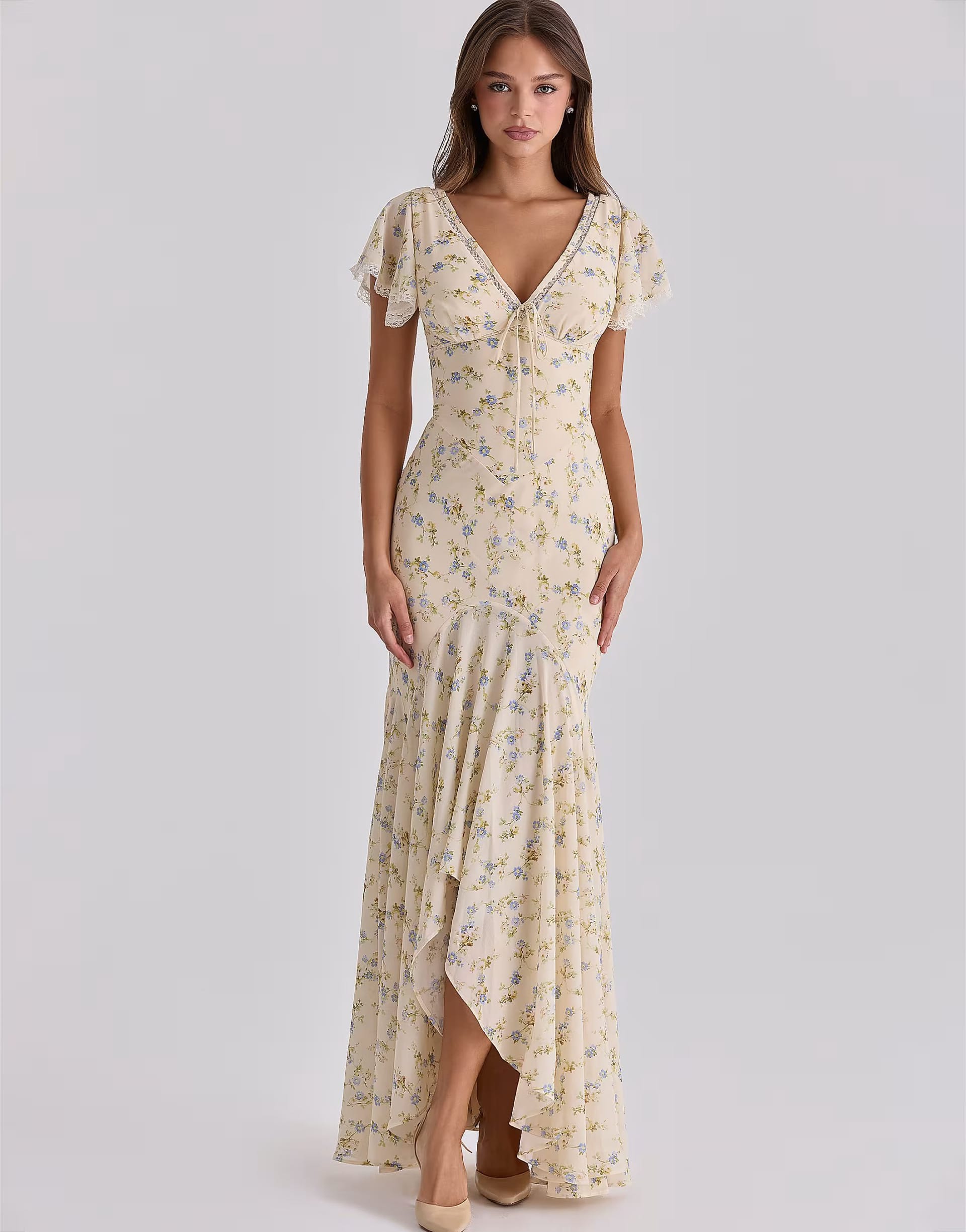 ASOS House of CB Lemon Floral Print Georgette Maxi Tea Dress