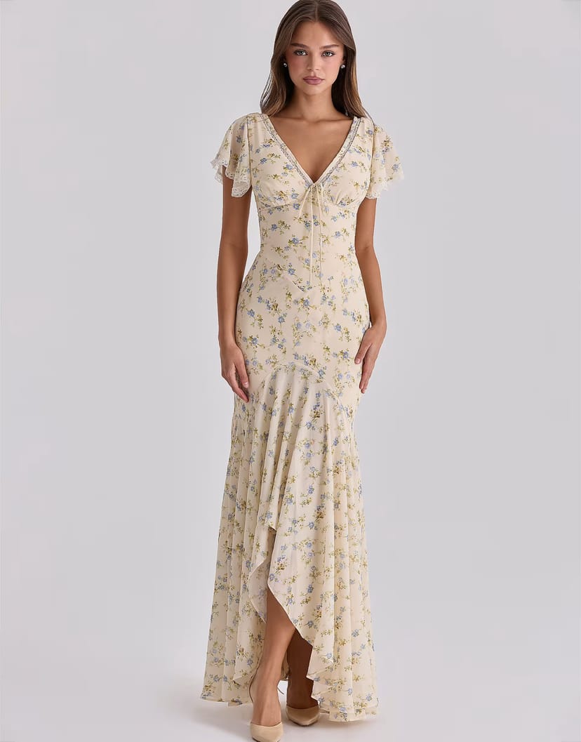 ASOS House of CB Amina lemon floral print georgette maxi tea dress in lemon floral print - 1