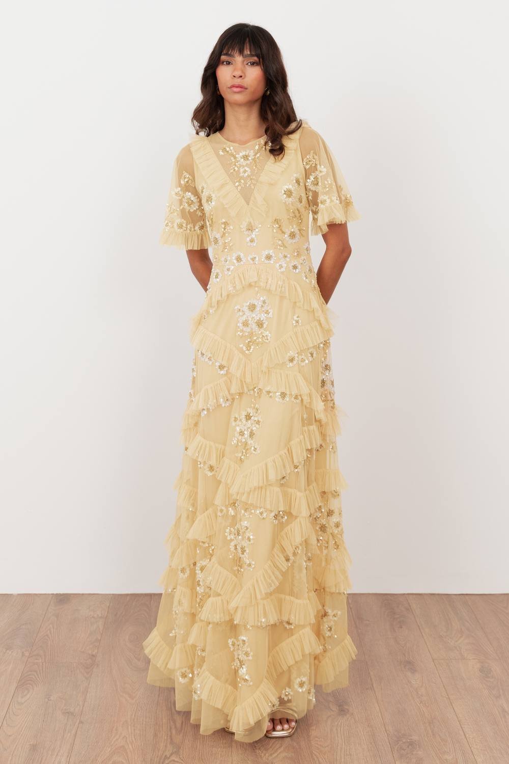 Maya Deluxe Maya Deluxe Women's Embellished Angel Sleeve Ruffle Maxi Dress in Yellow - 2