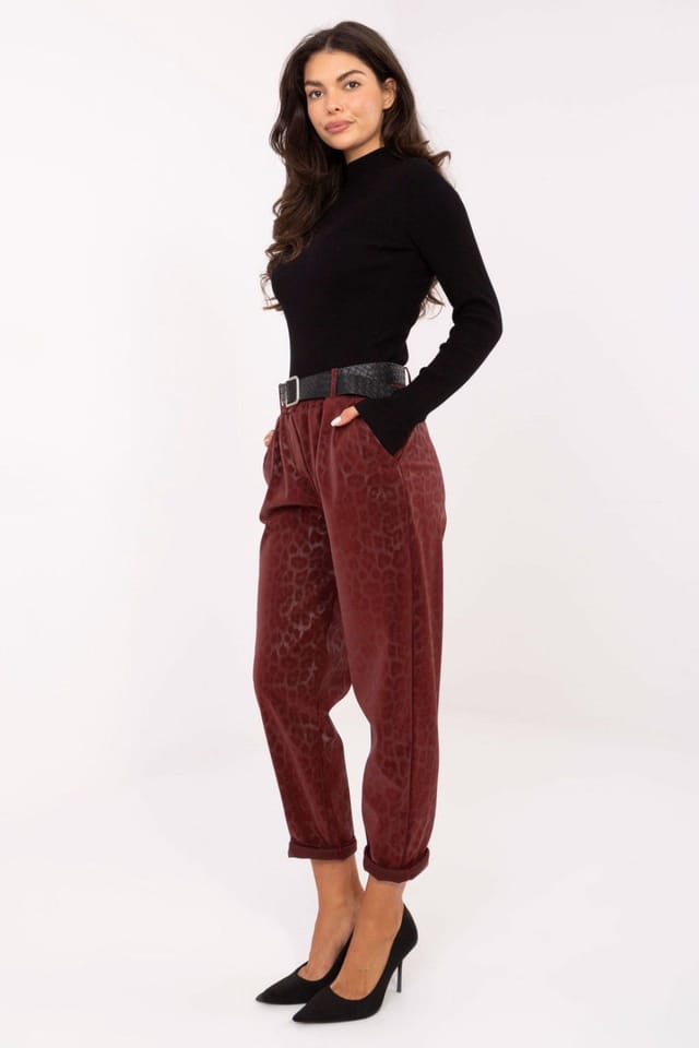 Love Lace Love Lace Women's Leopard Print Faux Leather Taper Pants in Burgundy - 2