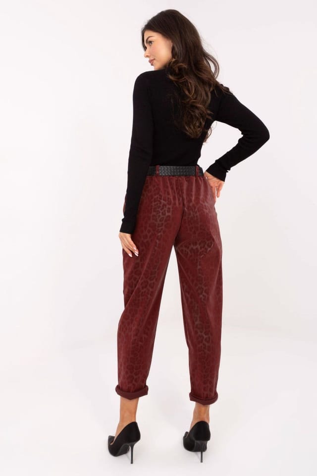 Love Lace Love Lace Women's Leopard Print Faux Leather Taper Pants in Burgundy - 3