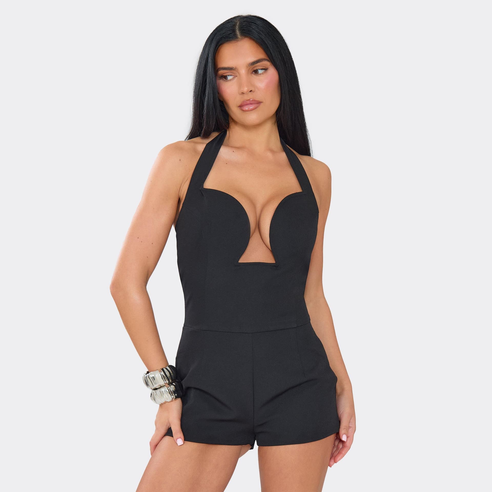 EGO Halterneck Plunge Front Playsuit In Black, Women's Size UK 6
