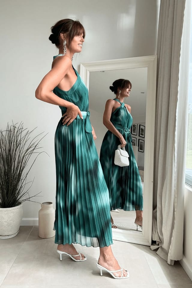 Style Cheat Style Cheat Women's Paige green floral halter pleated belted midi dress - 2