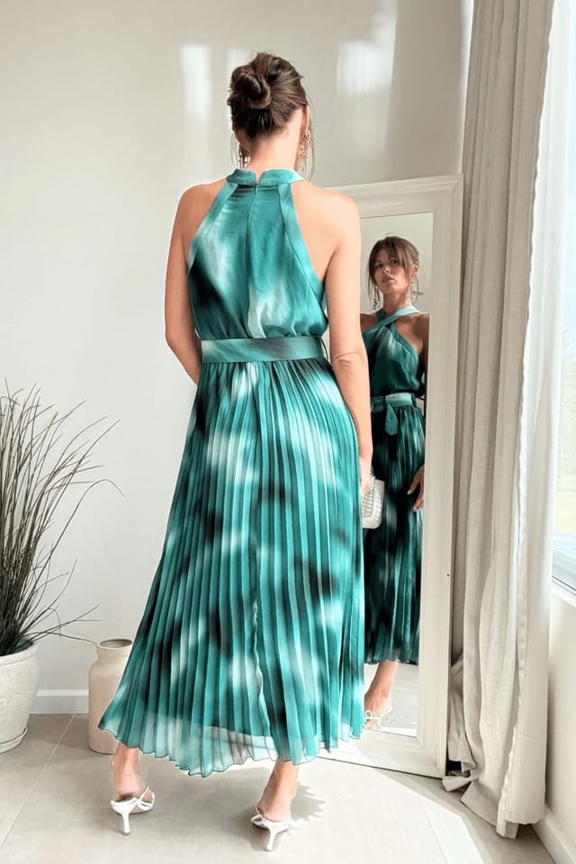 Style Cheat Style Cheat Women's Paige green floral halter pleated belted midi dress - 3