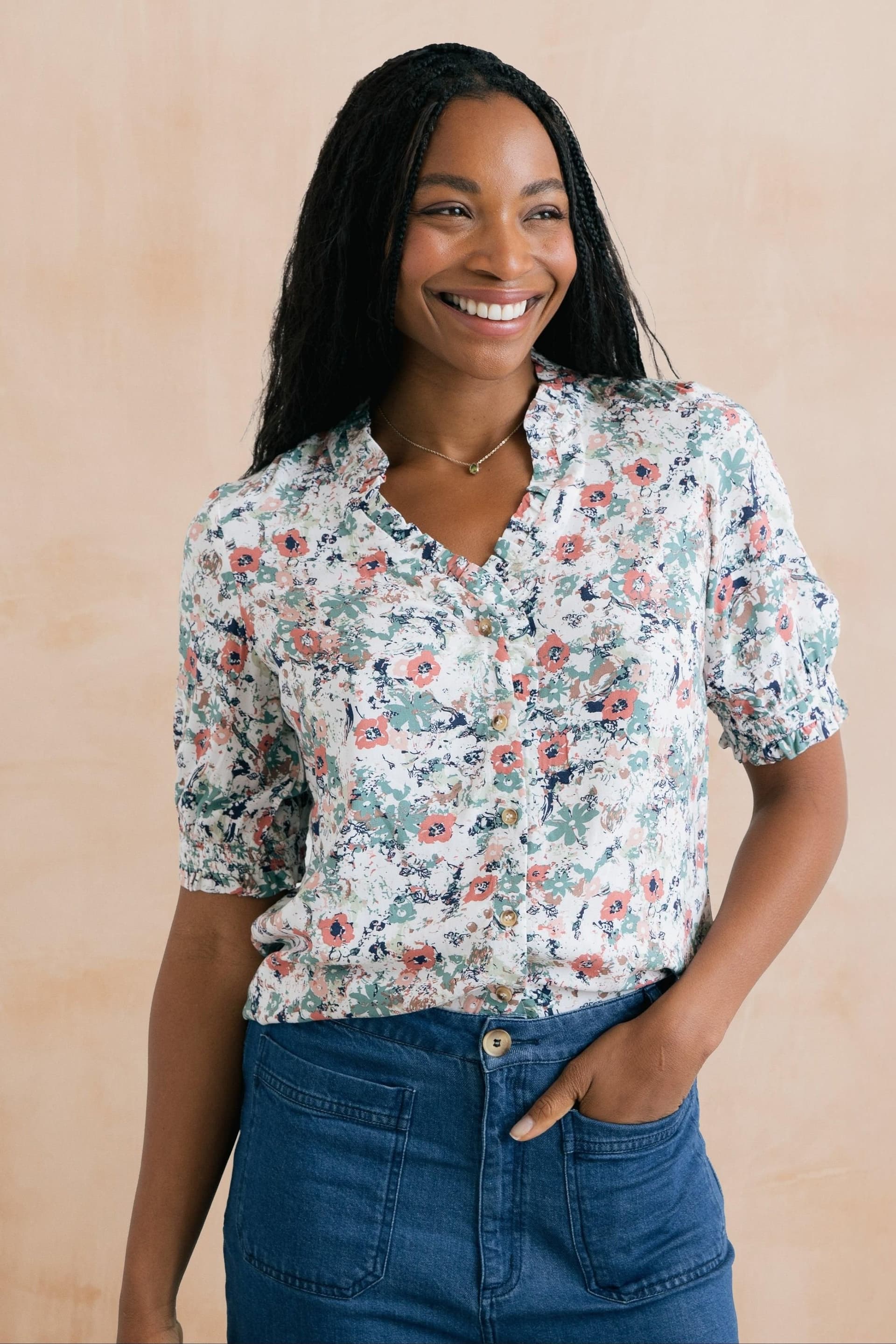 Lily & Me Lily & Me Women's Wren Printed Frill Blouse in Ecru