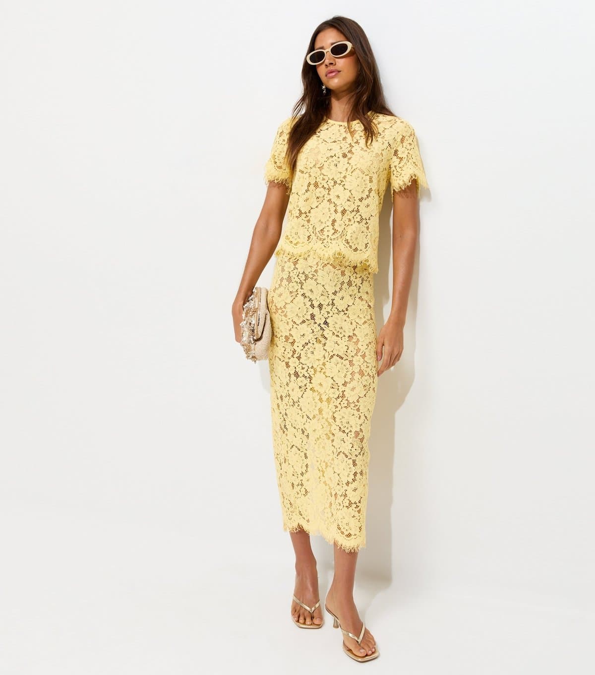 New Look Women's Light Yellow Lace Midi Skirt New Look