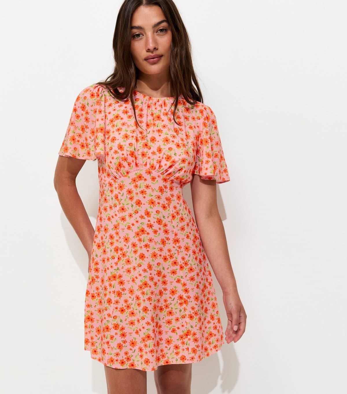 New Look Women's Orange Floral Flutter Sleeve Mini Dress New Look