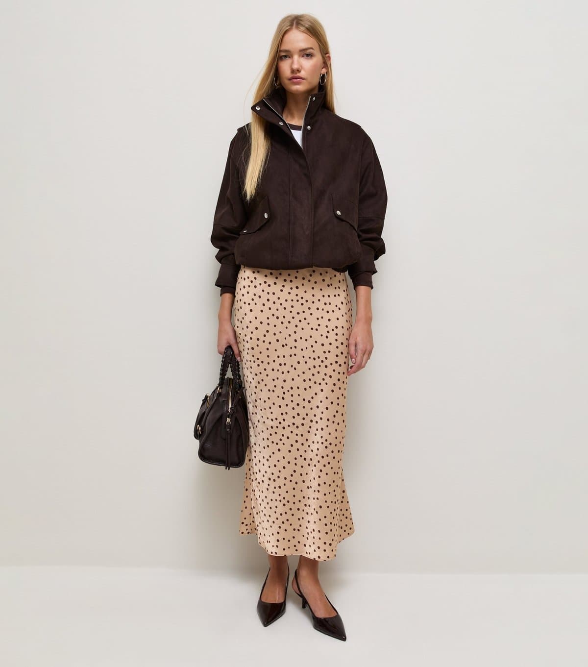 New Look Women's Brown Satin Spot Bias Cut Midi Skirt New Look